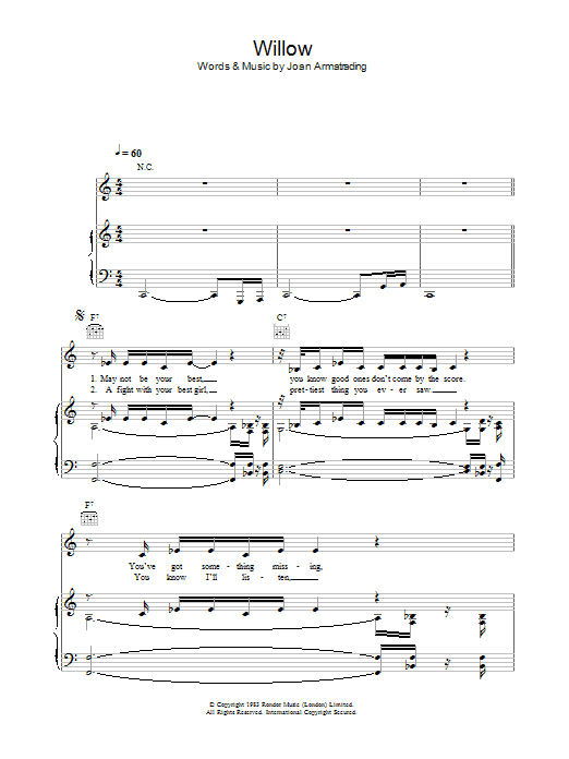 Learn to play Joan Armatrading Willow sheet music for Piano, Vocal & Guitar (Right-Hand Melody) in minutes. Joan Armatrading Willow sheet music preview music notes and score for Piano, Vocal & Guitar (Right-Hand Melody) including 6 page(s)
