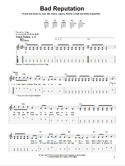 Joan Jett Bad Reputation sheet music preview music notes and score for Easy Guitar Tab including 4 page(s)
