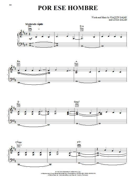 Learn to play Joaquin Galan Por Ese Hombre sheet music for Piano, Vocal & Guitar (Right-Hand Melody) in minutes. Joaquin Galan Por Ese Hombre sheet music preview music notes and score for Piano, Vocal & Guitar (Right-Hand Melody) including 9 page(s)