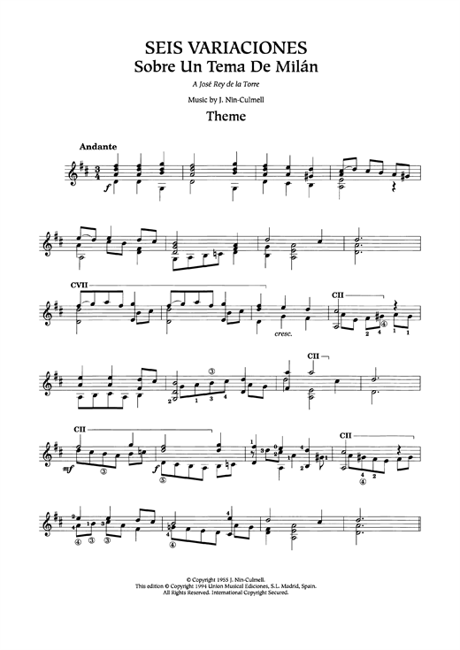 Learn to play Joaquin Nin-Culmell Seis Variaciones sheet music for Guitar in minutes. Joaquin Nin-Culmell Seis Variaciones sheet music preview music notes and score for Guitar including 6 page(s)