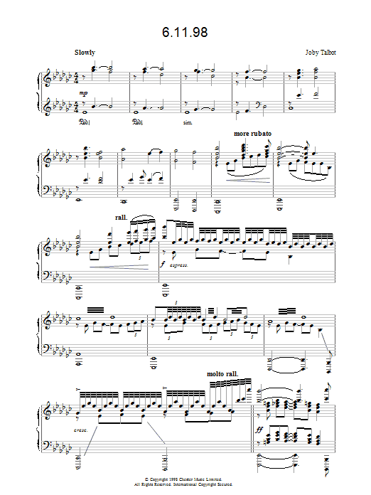 Joby Talbot 6/11/98 sheet music, chords, lyrics - Printable PDF for Piano