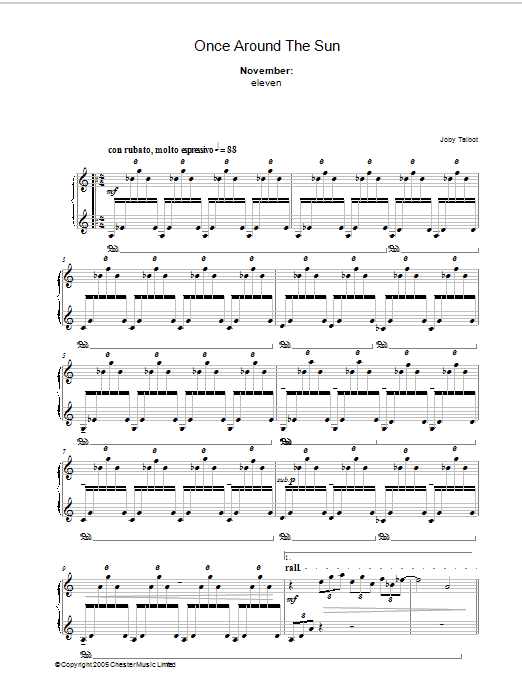 Joby Talbot November (from Once Around The Sun) sheet music preview music notes and score for Piano including 4 page(s)