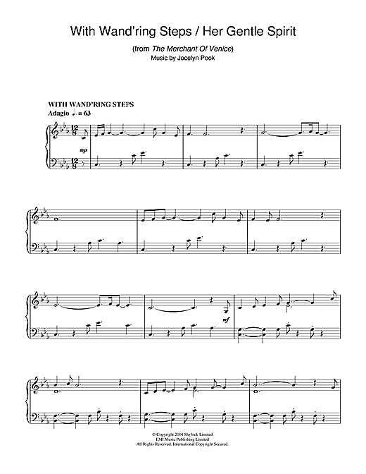 Learn to play Jocelyn Pook With Wand'ring Steps (from The Merchant Of Venice) sheet music for Piano in minutes. Jocelyn Pook With Wand'ring Steps (from The Merchant Of Venice) sheet music notes and chords
