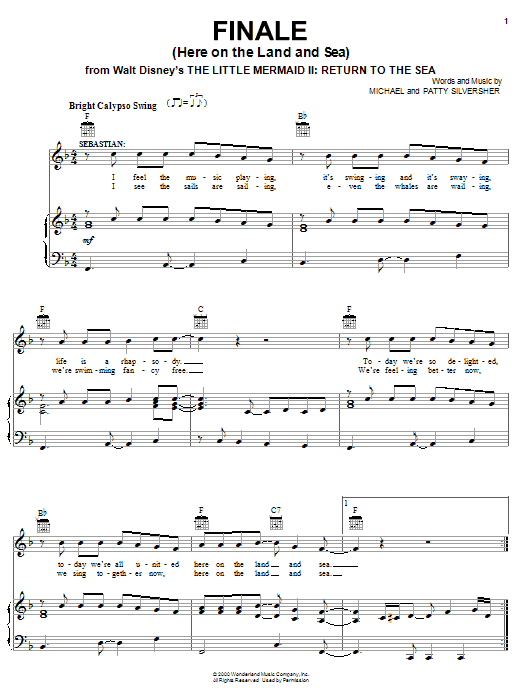 Learn to play Jodi Benson Finale (Here On The Land And Sea) (from The Little Mermaid II: Return To The Sea) sheet music for Piano, Vocal & Guitar (Right-Hand Melody) in minutes. Jodi Benson Finale (Here On The Land And Sea) (from The Little Mermaid II: Return To The Sea) sheet music preview music notes and score for Piano, Vocal & Guitar (Right-Hand Melody) including 5 page(s)