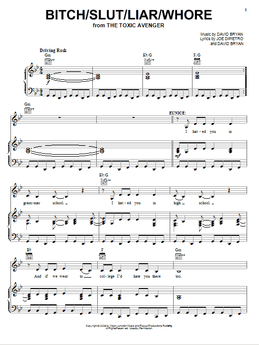 Joe DiPietro Bitch/Slut/Liar/Whore sheet music, chords, lyrics - Printable PDF for Piano, Vocal & Guitar (Right-Hand Melody)