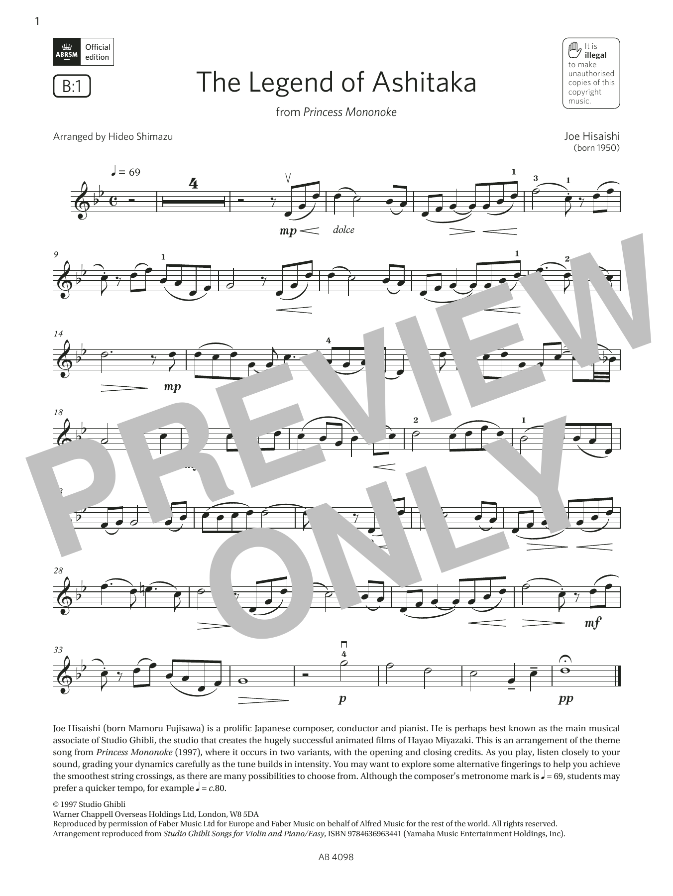 Joe Hisaishi The Legend of Ashitaka (Grade 4, B1, from the ABRSM Violin Syllabus from 2024) sheet music, chords, lyrics - Printable PDF for Violin Solo