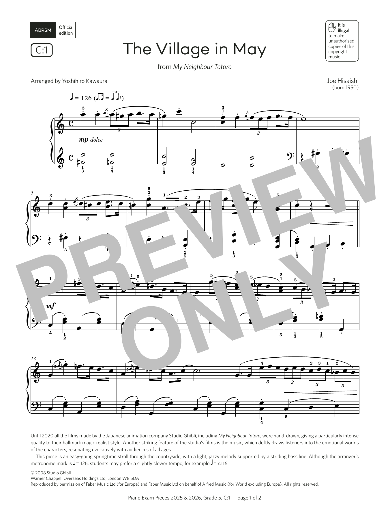 Joe Hisaishi The Village in May (Grade 5, list C1, from the ABRSM Piano Syllabus 2025 & 2026) sheet music, chords, lyrics - Printable PDF for Piano Solo