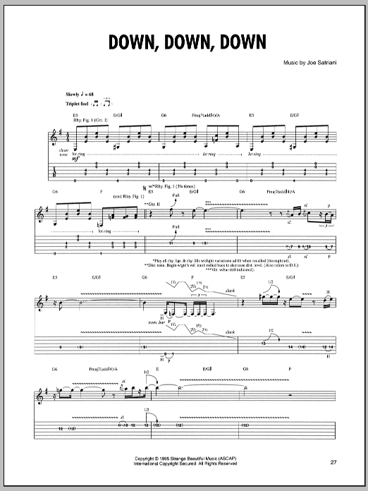 Joe Satriani Down, Down, Down sheet music, chords, lyrics - Printable PDF for Guitar Tab
