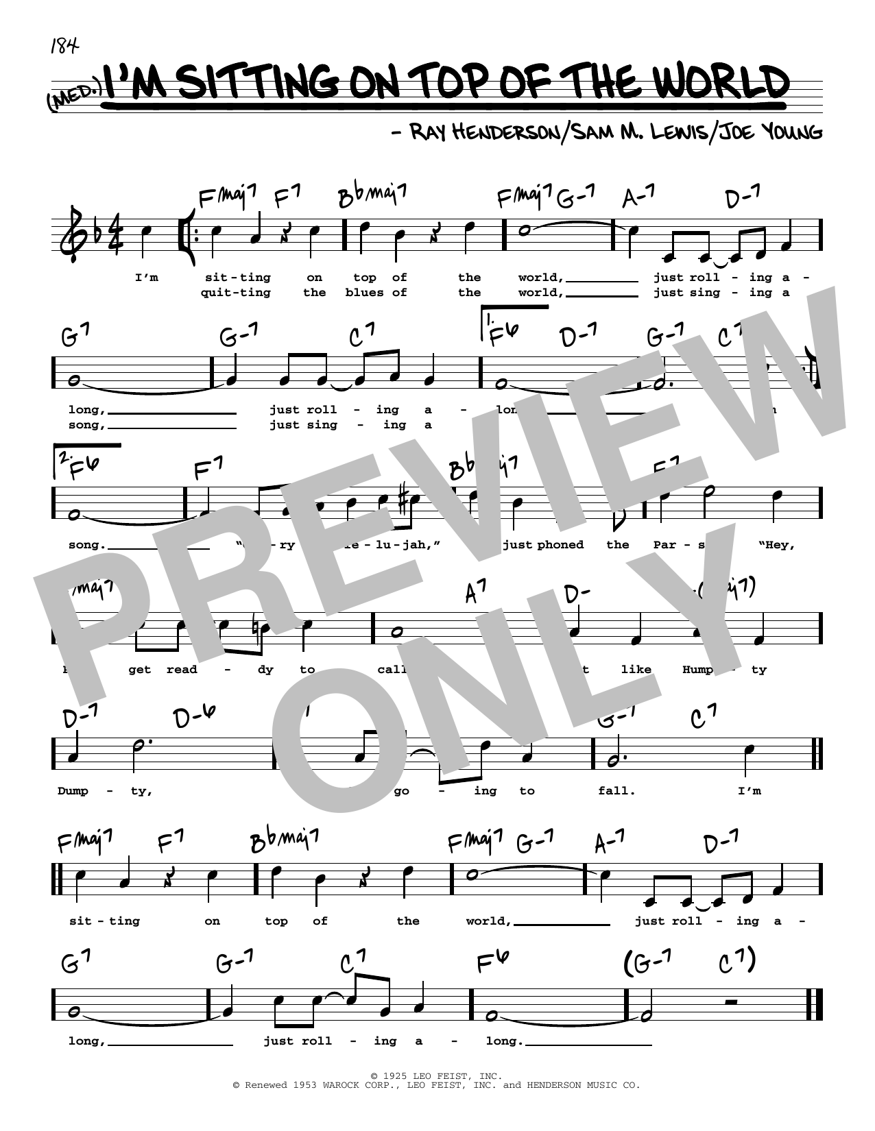 Joe Young I'm Sitting On Top Of The World (High Voice) (from The Jolson Story) sheet music, chords, lyrics - Printable PDF for Real Book – Melody, Lyrics & Chords