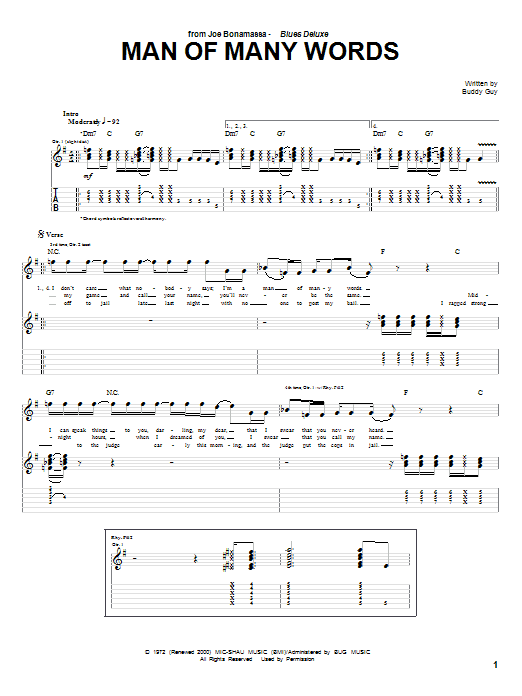 Learn to play Joe Bonamassa Man Of Many Words sheet music for Guitar Tab in minutes. Joe Bonamassa Man Of Many Words sheet music preview music notes and score for Guitar Tab including 8 page(s)