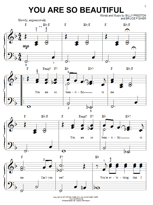 Joe Cocker You Are So Beautiful sheet music preview music notes and score for Lyrics & Piano Chords including 2 page(s)