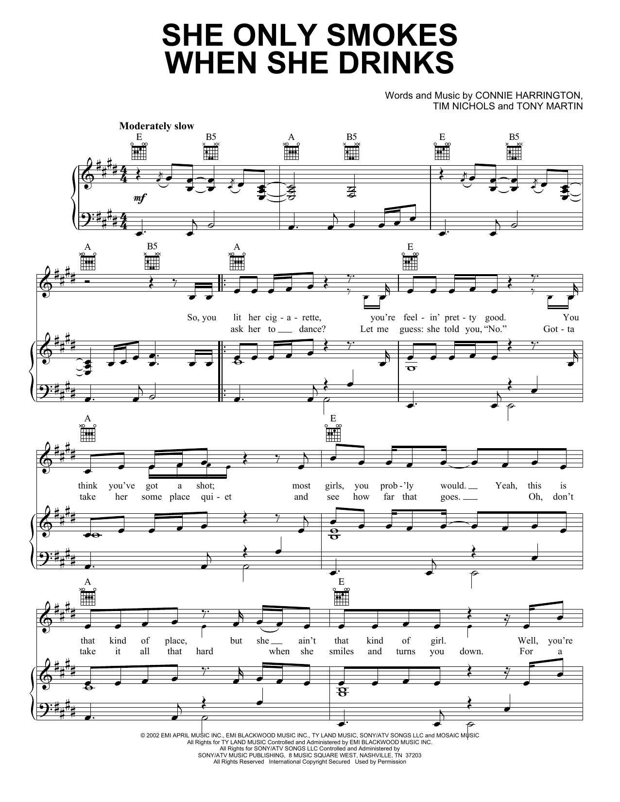 Learn to play Joe Nichols She Only Smokes When She Drinks sheet music for Piano, Vocal & Guitar (Right-Hand Melody) in minutes. Joe Nichols She Only Smokes When She Drinks sheet music preview music notes and score for Piano, Vocal & Guitar (Right-Hand Melody) including 4 page(s)