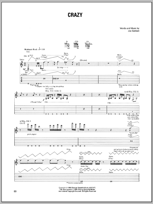 Joe Satriani Crazy sheet music preview music notes and score for Guitar Tab including 9 page(s)