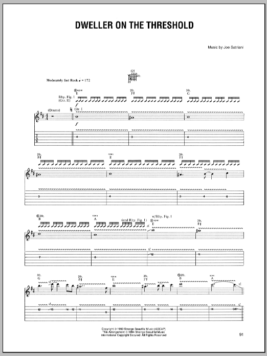 Joe Satriani Dweller On The Threshold sheet music preview music notes and score for Guitar Tab including 7 page(s)