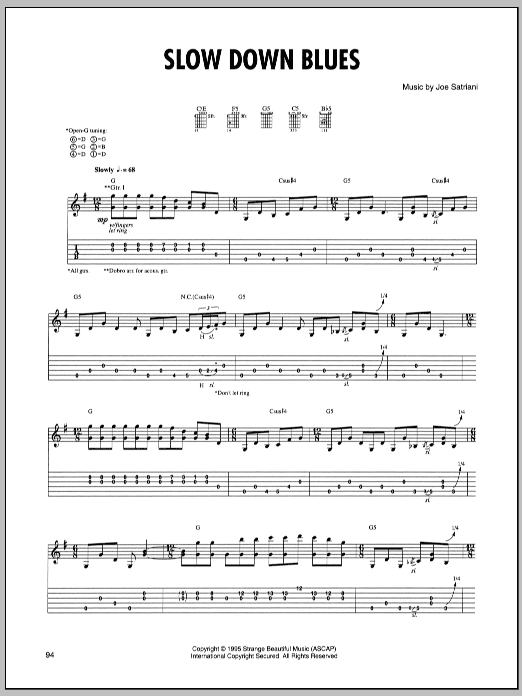 Joe Satriani Slow Down Blues sheet music preview music notes and score for Guitar Tab including 16 page(s)