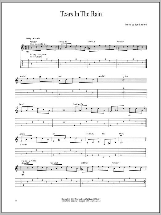 Learn to play Joe Satriani Tears In The Rain sheet music for Guitar Tab in minutes. Joe Satriani Tears In The Rain sheet music preview music notes and score for Guitar Tab including 2 page(s)