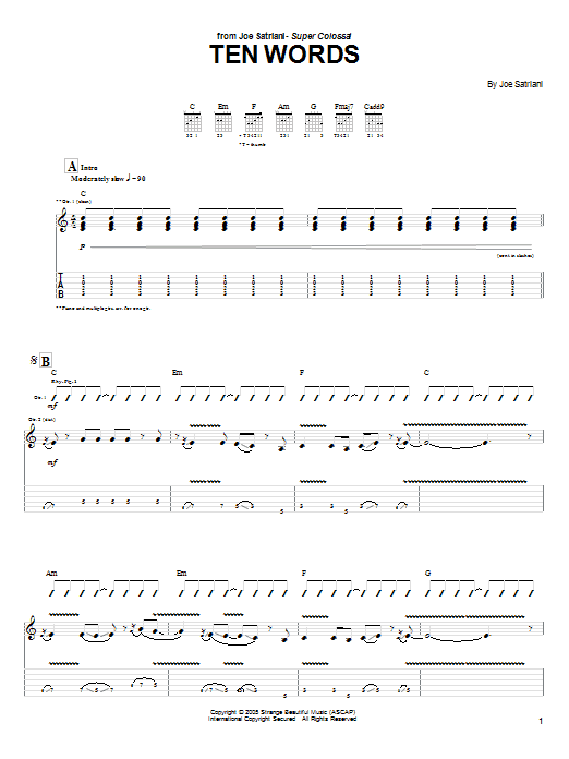 Joe Satriani Ten Words sheet music preview music notes and score for Guitar Tab including 5 page(s)