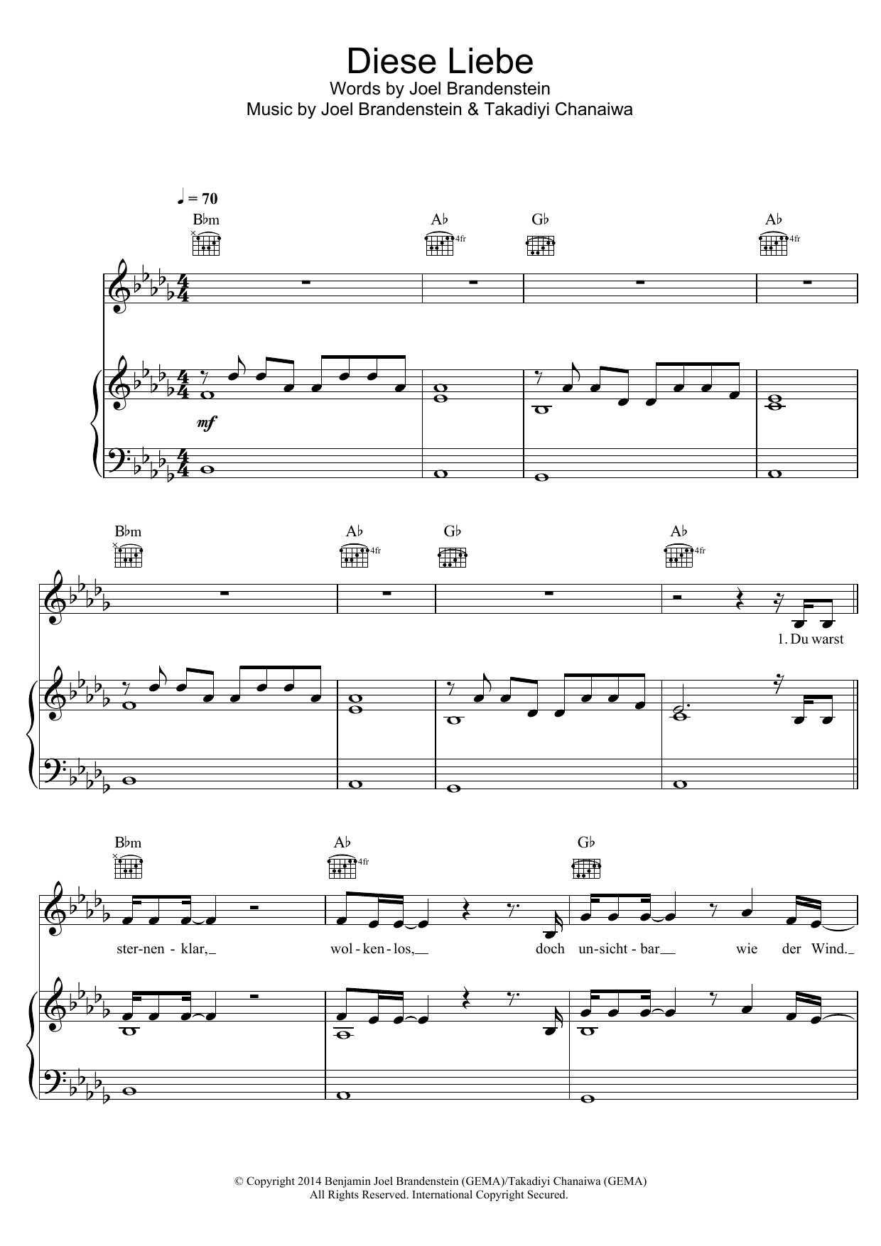 Joel Brandenstein Diese Liebe sheet music, chords, lyrics - Printable PDF for Piano, Vocal & Guitar (Right-Hand Melody)