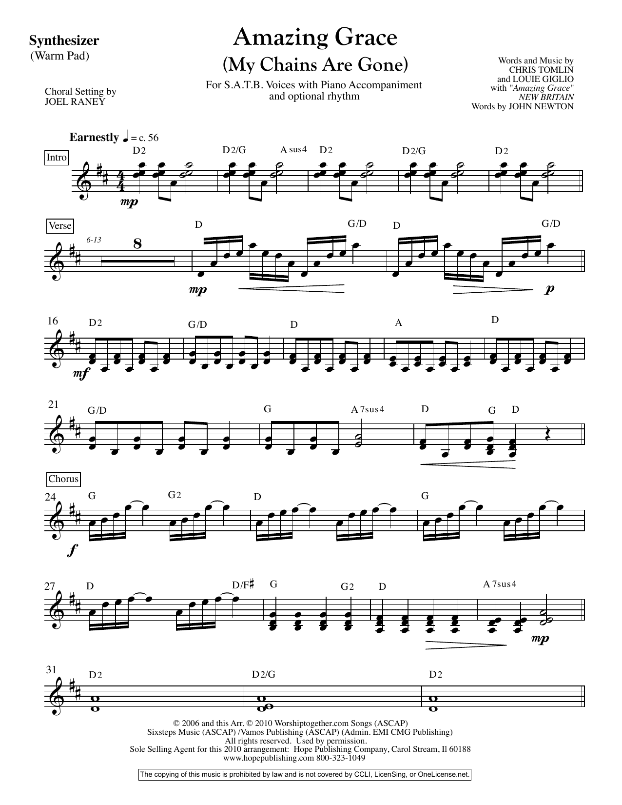 Joel Raney Amazing Grace (My Chains Are Gone) - Synthesizer sheet music, chords, lyrics - Printable PDF for Choir Instrumental Pak