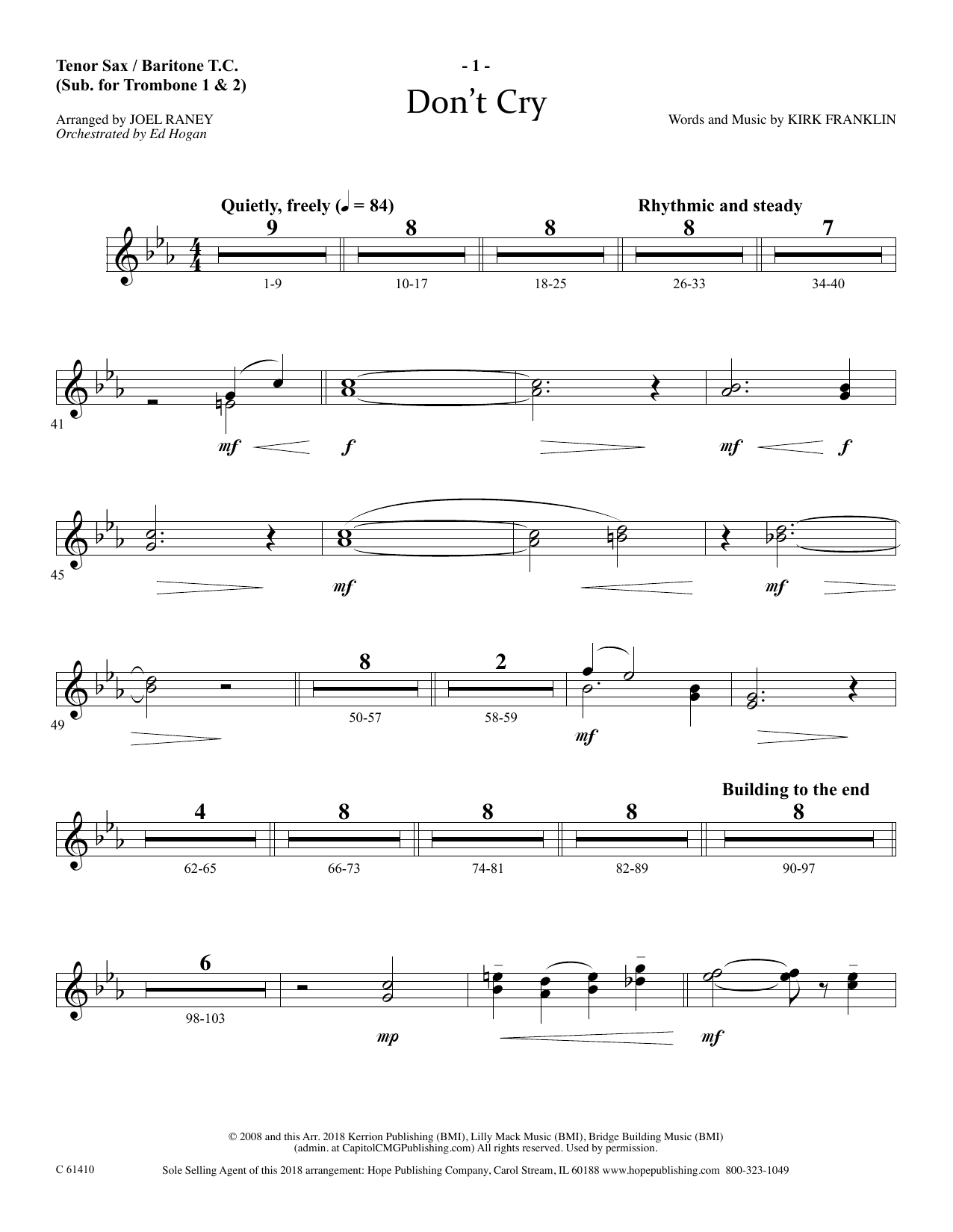 Joel Raney Don't Cry - Tenor Sax/BariTC (sub Tbn 1-2) sheet music, chords, lyrics - Printable PDF for Choir Instrumental Pak