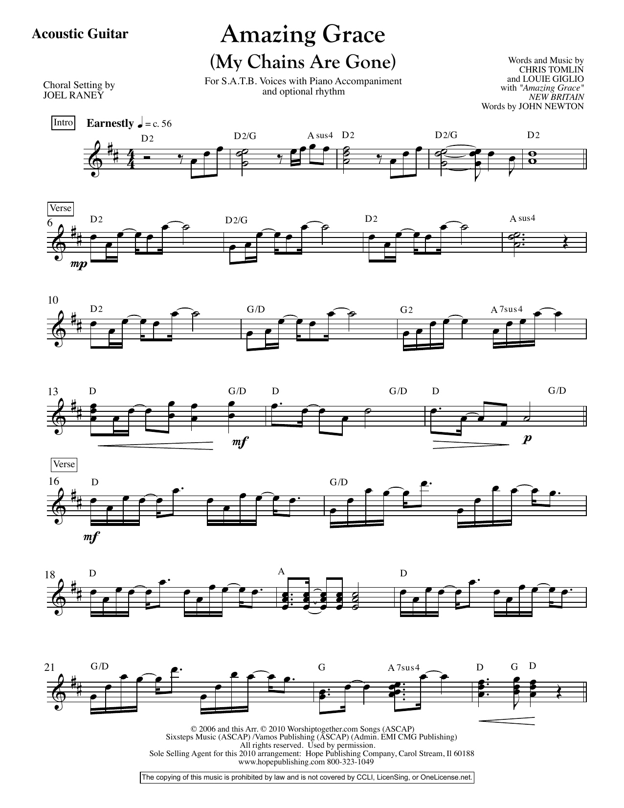 Learn to play Joel Raney Amazing Grace (My Chains Are Gone) - Acoustic Guitar sheet music for Choir Instrumental Pak in minutes. Joel Raney Amazing Grace (My Chains Are Gone) - Acoustic Guitar sheet music preview music notes and score for Choir Instrumental Pak including 2 page(s)