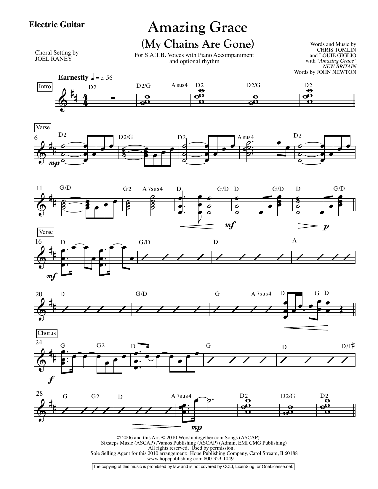 Learn to play Joel Raney Amazing Grace (My Chains Are Gone) - Electric Guitar sheet music for Choir Instrumental Pak in minutes. Joel Raney Amazing Grace (My Chains Are Gone) - Electric Guitar sheet music preview music notes and score for Choir Instrumental Pak including 2 page(s)