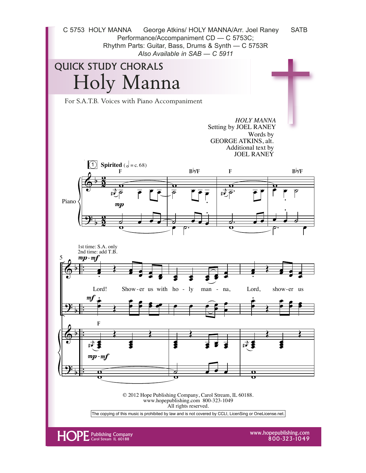 Joel Raney Holy Manna sheet music preview music notes and score for Choir including 8 page(s)