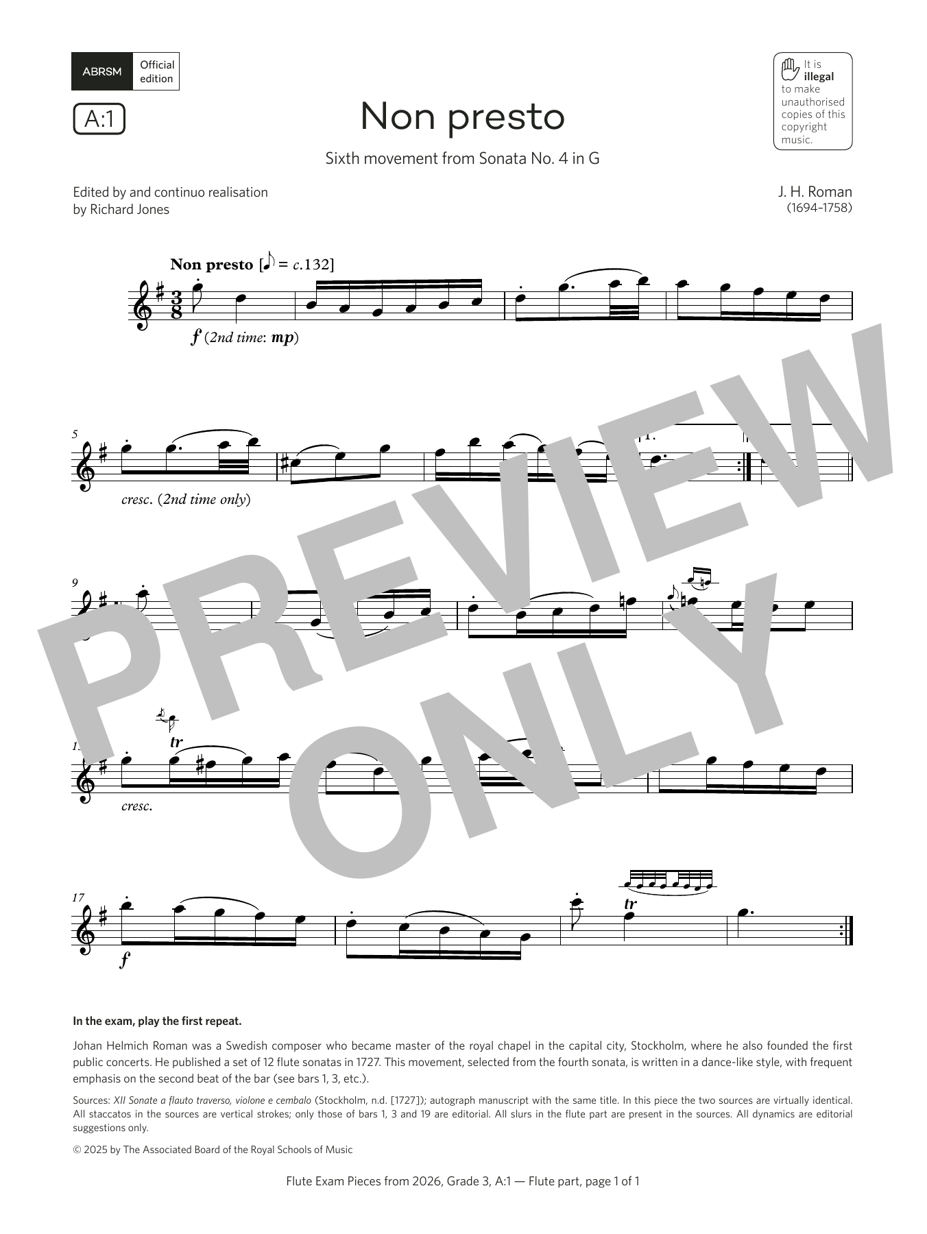 Johan Helmich Roman Non presto (Grade 3, list A1, from the ABRSM Flute Syllabus from 2026) sheet music, chords, lyrics - Printable PDF for Flute Solo