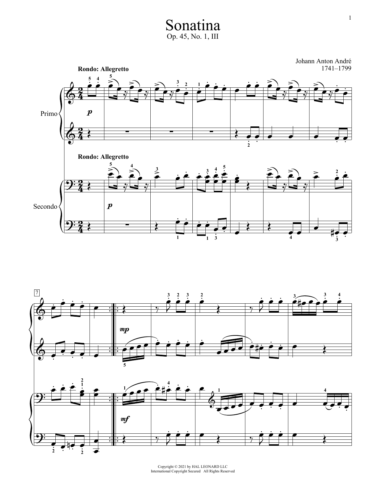 Johann Anton Andre Sonatina, Op. 45, No. 1, III. Rondo sheet music, chords, lyrics - Printable PDF for Piano Duet