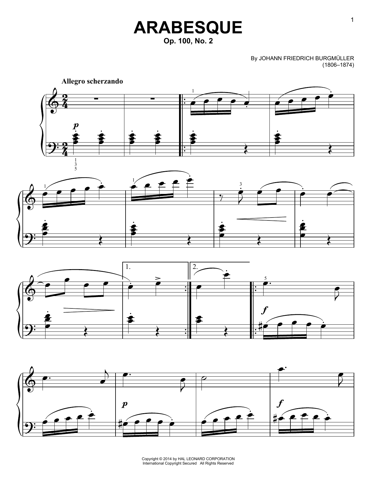 Friedrich Burgmuller Arabesque, Op. 100, No. 2 sheet music, chords, lyrics - Printable PDF for Easy Piano