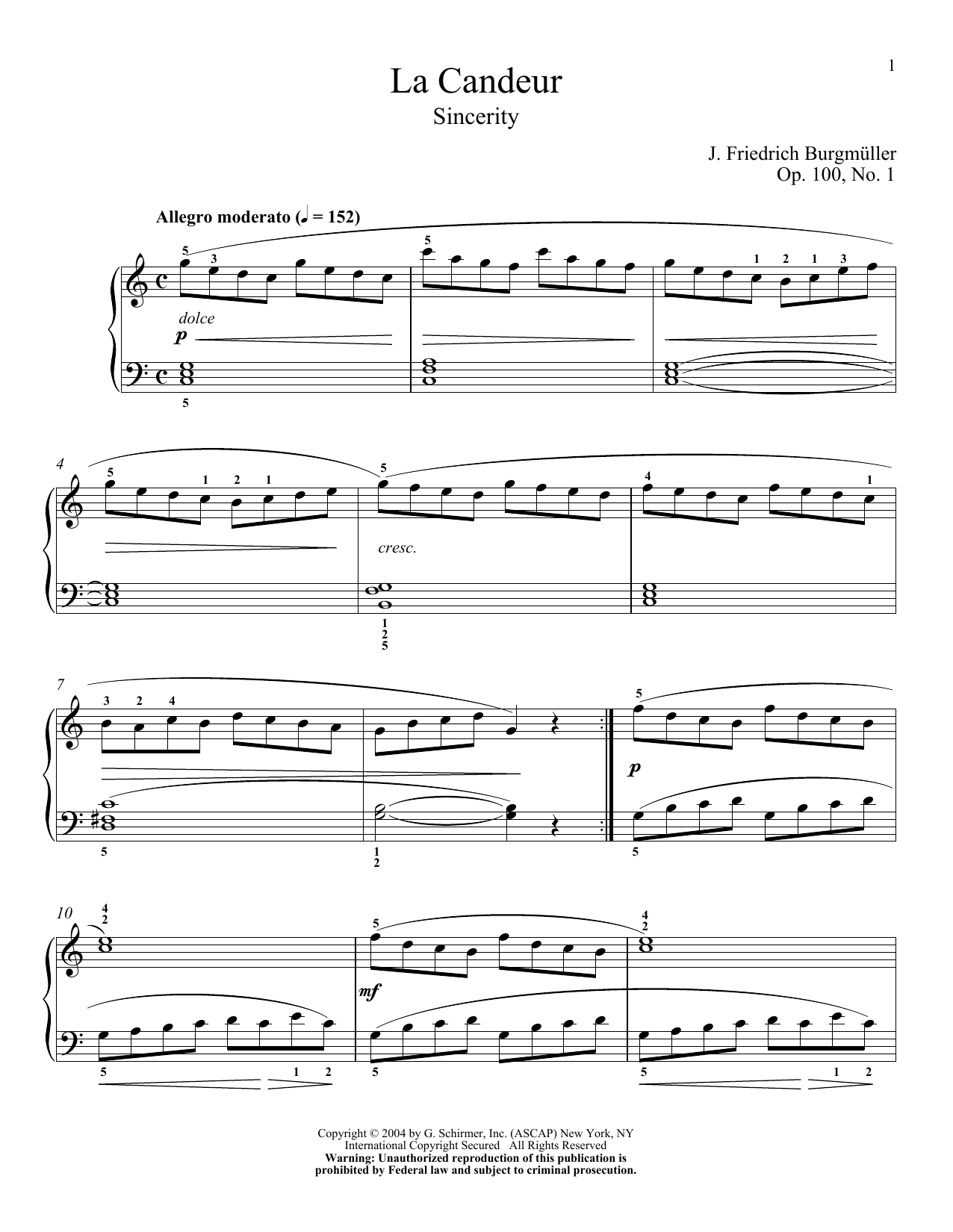 Johann Friedrich Burgmuller Sincerity (La Candeur), Op. 100, No. 1 sheet music, chords, lyrics - Printable PDF for Piano