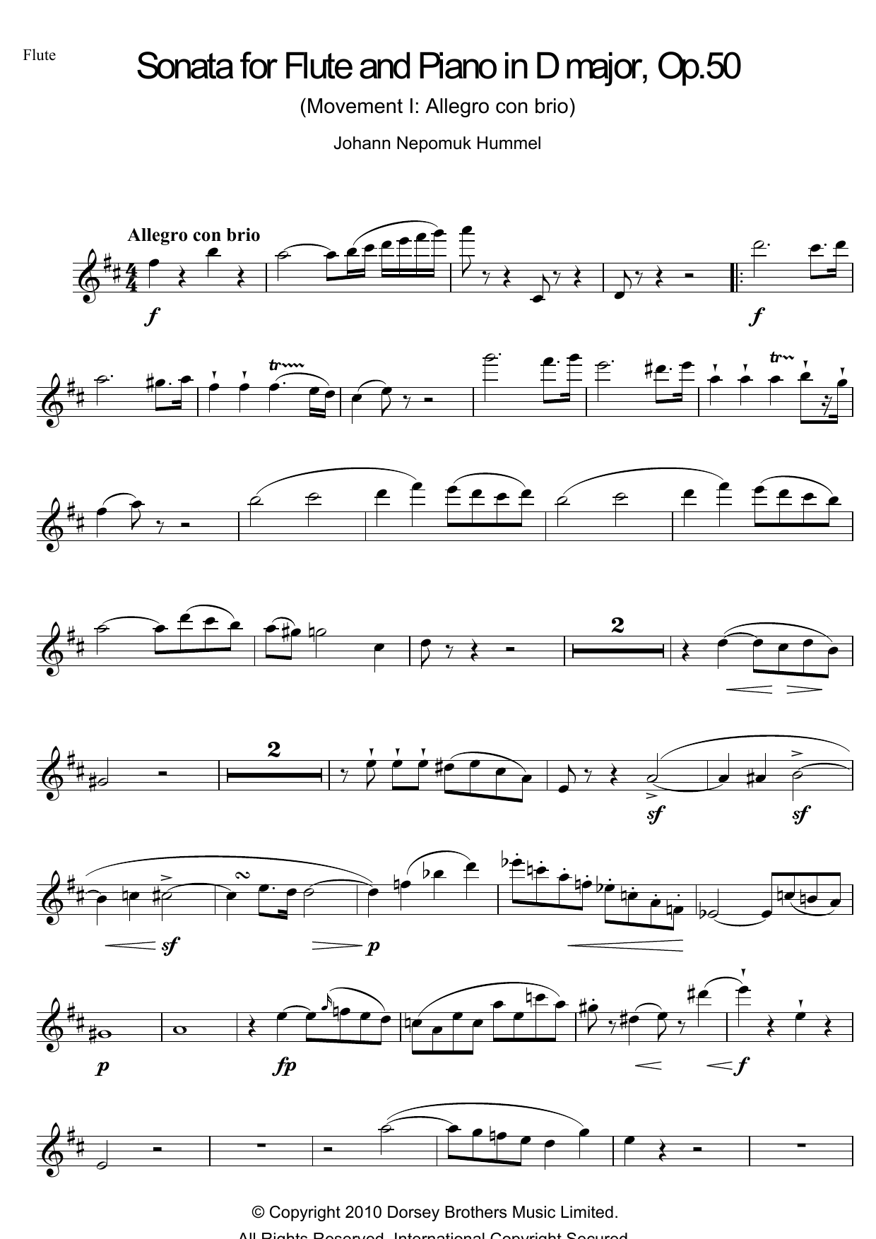Johann Nepomuk Hummel Sonata For Flute And Piano In D Major, Op.50 sheet music, chords, lyrics - Printable PDF for Flute