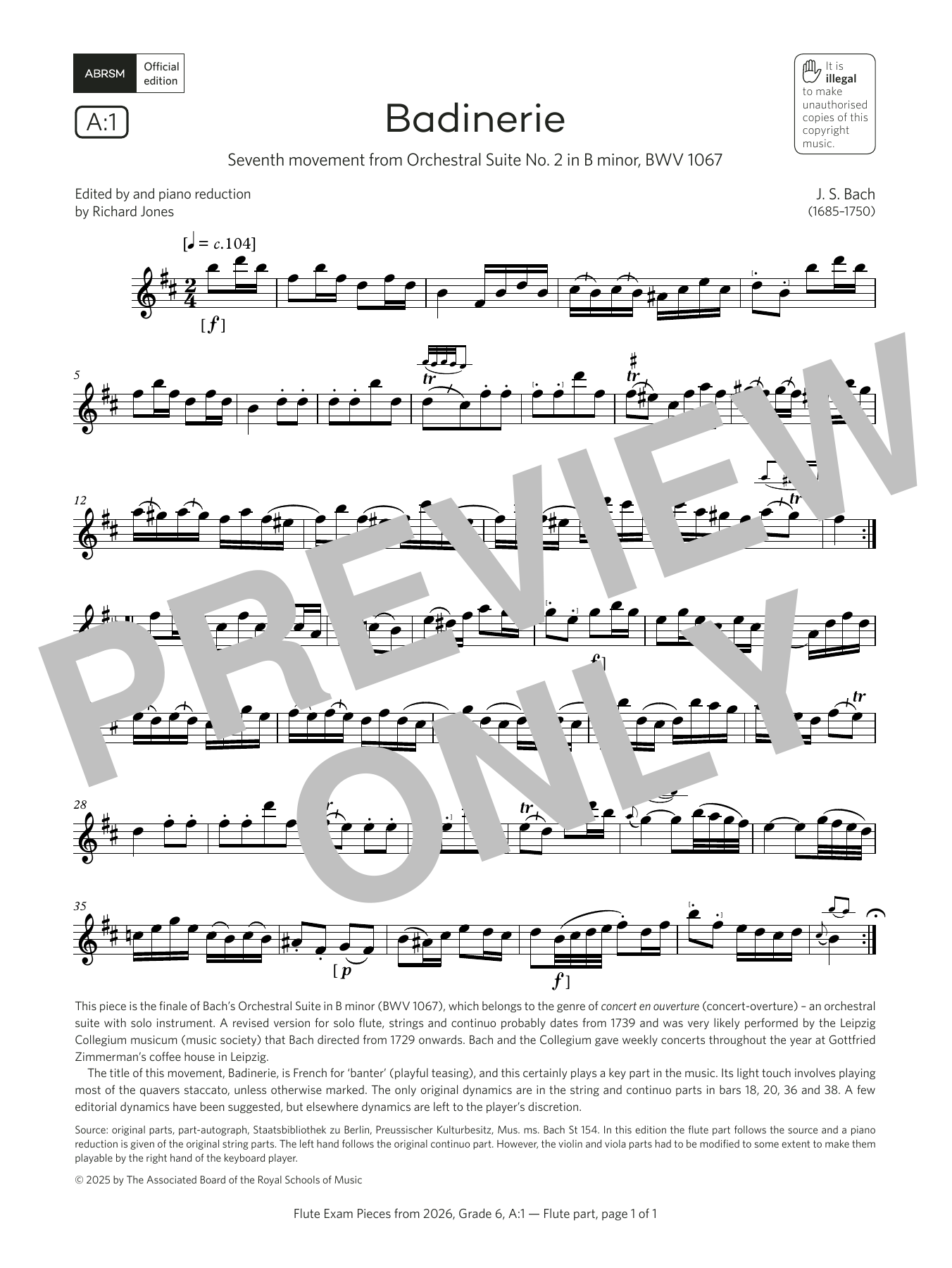 Johann Sebastian Bach Badinerie (Grade 6, list A1, from the ABRSM Flute Syllabus from 2026) sheet music, chords, lyrics - Printable PDF for Flute Solo