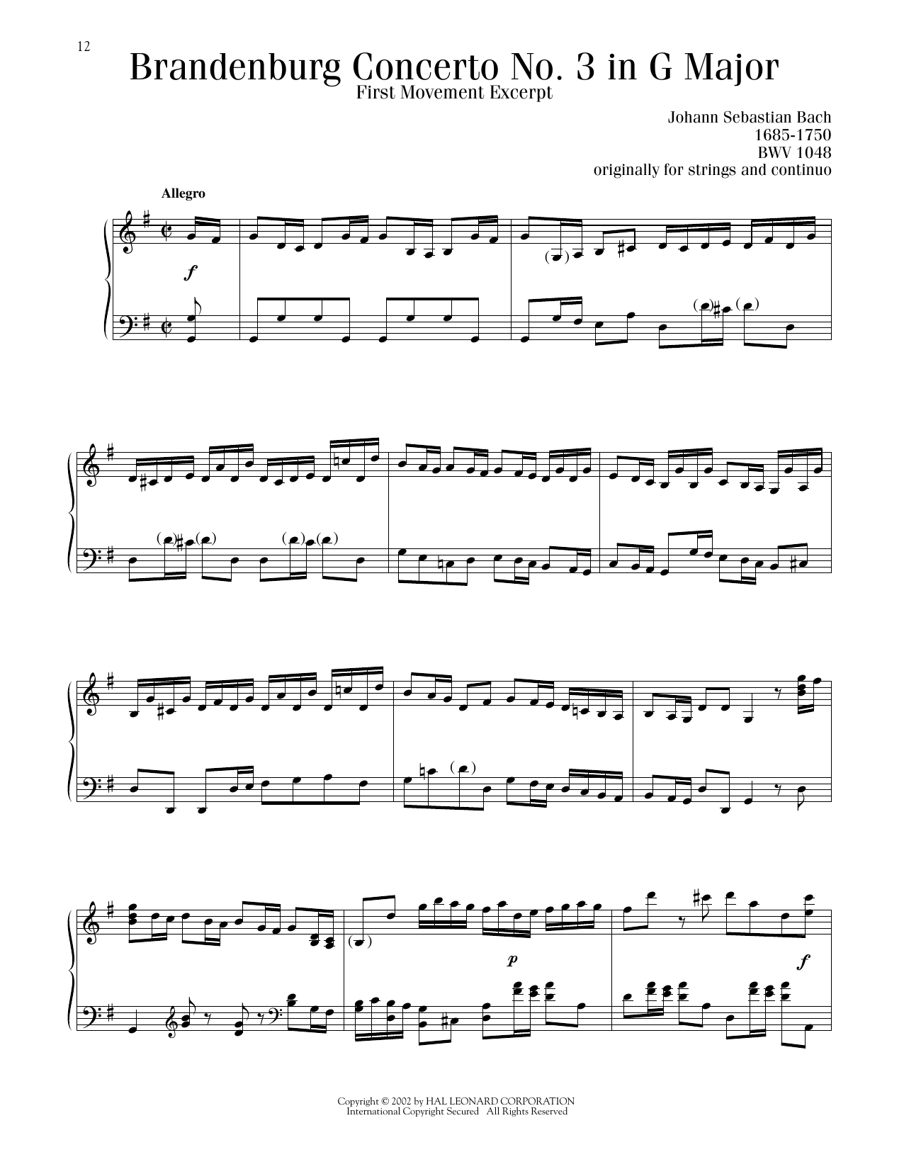 Johann Sebastian Bach Brandenburg Concerto No. 3 sheet music, chords, lyrics - Printable PDF for Piano Solo