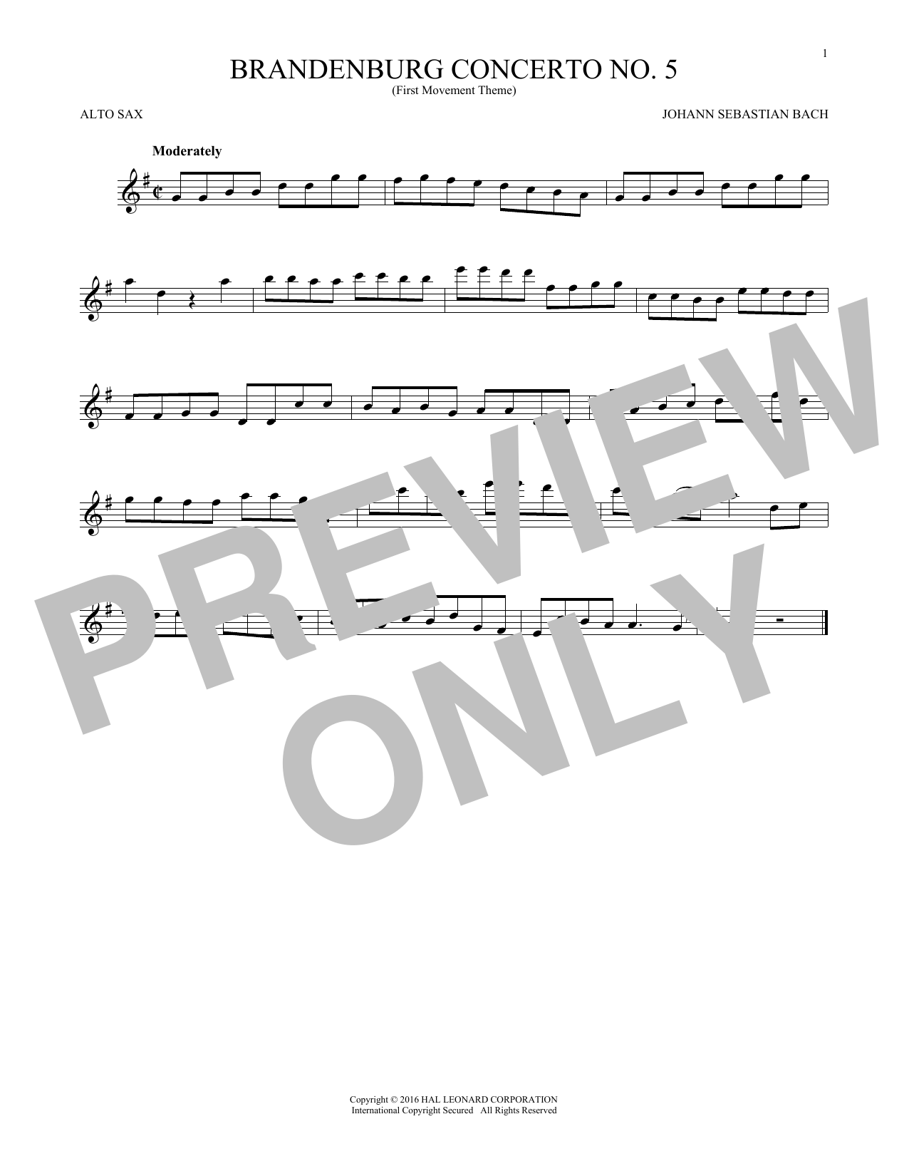 Johann Sebastian Bach Brandenburg Concerto No. 5 sheet music, chords, lyrics - Printable PDF for Alto Saxophone