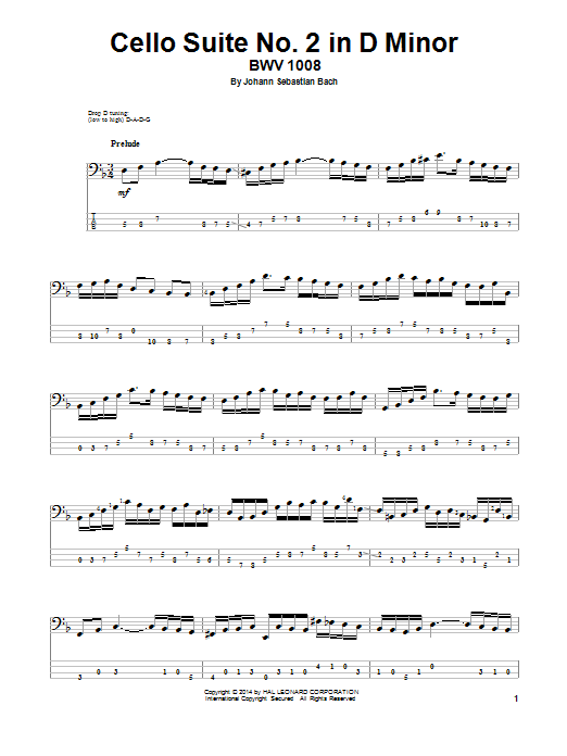 J.S. Bach Cello Suite No. 2 In D Minor, BWV 1008 sheet music, chords, lyrics - Printable PDF for Bass Guitar Tab