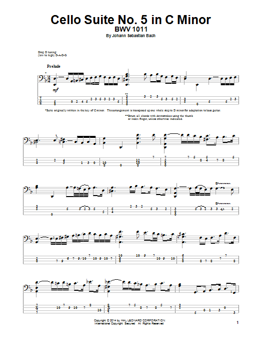 J.S. Bach Cello Suite No. 5 In C Minor, BWV 1011 sheet music, chords, lyrics - Printable PDF for Bass Guitar Tab