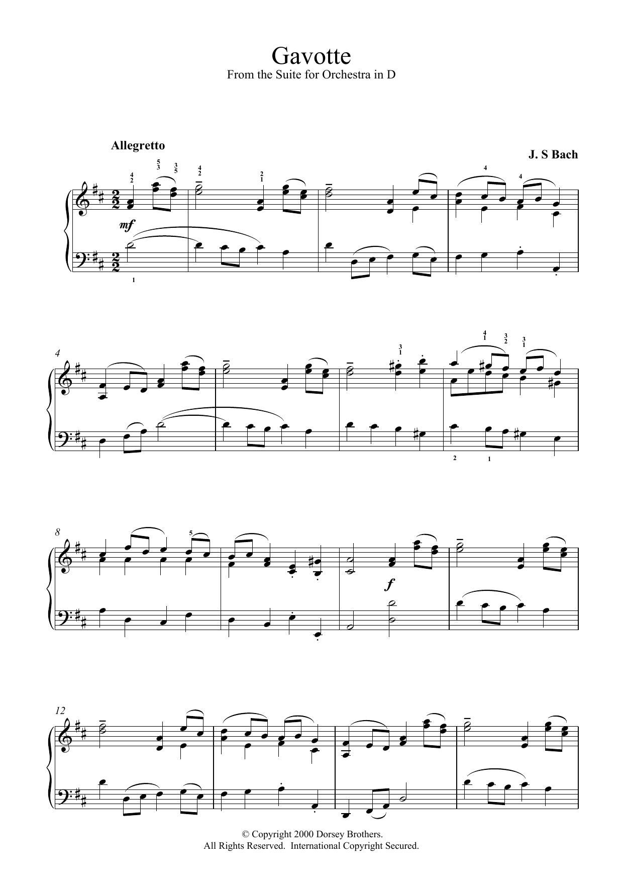 J.S. Bach Gavotte (from the Suite for Orchestra in D) sheet music, chords, lyrics - Printable PDF for Piano