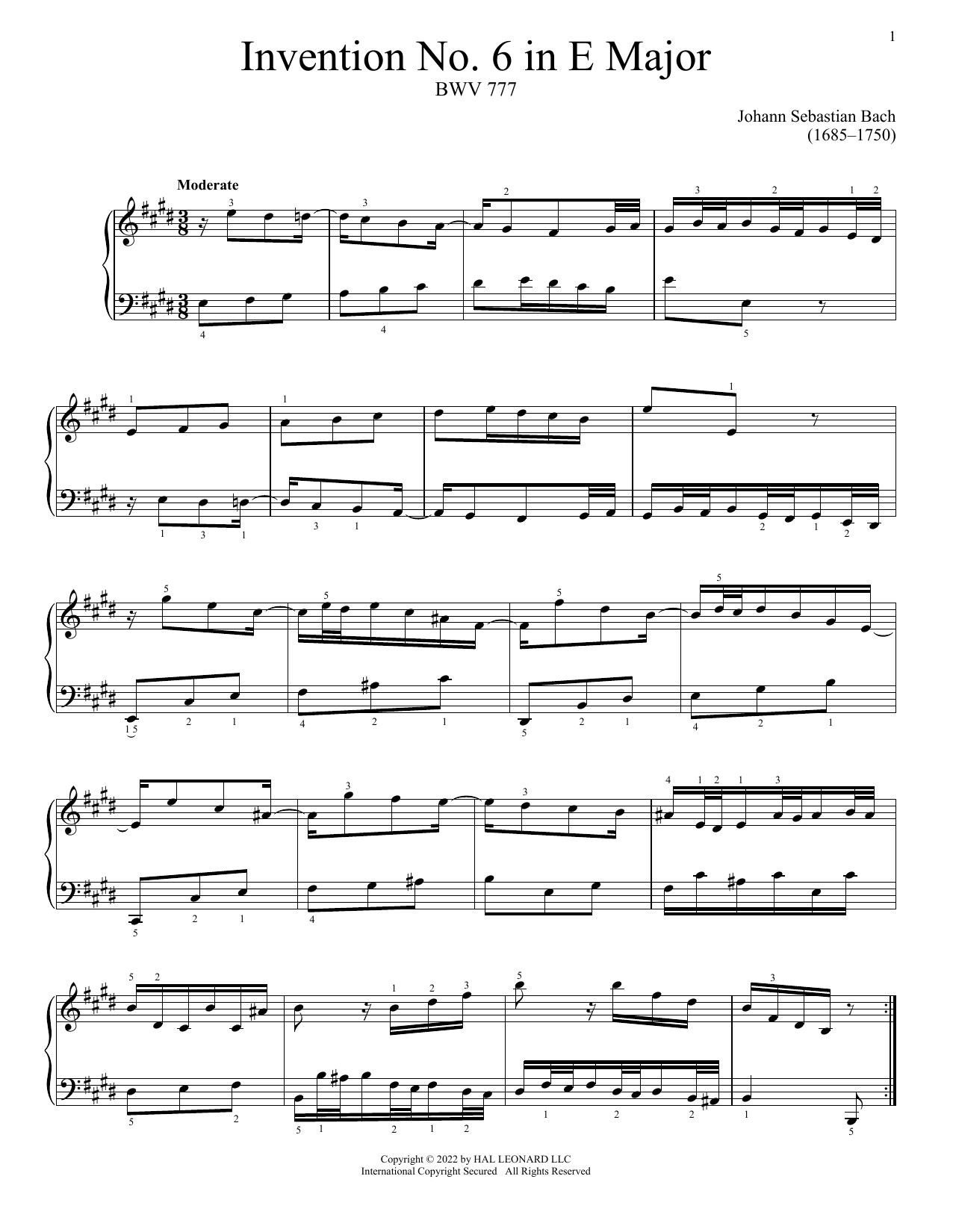 Johann Sebastian Bach Invention No. 6 In E Major, BWV 777 sheet music, chords, lyrics - Printable PDF for Piano Solo