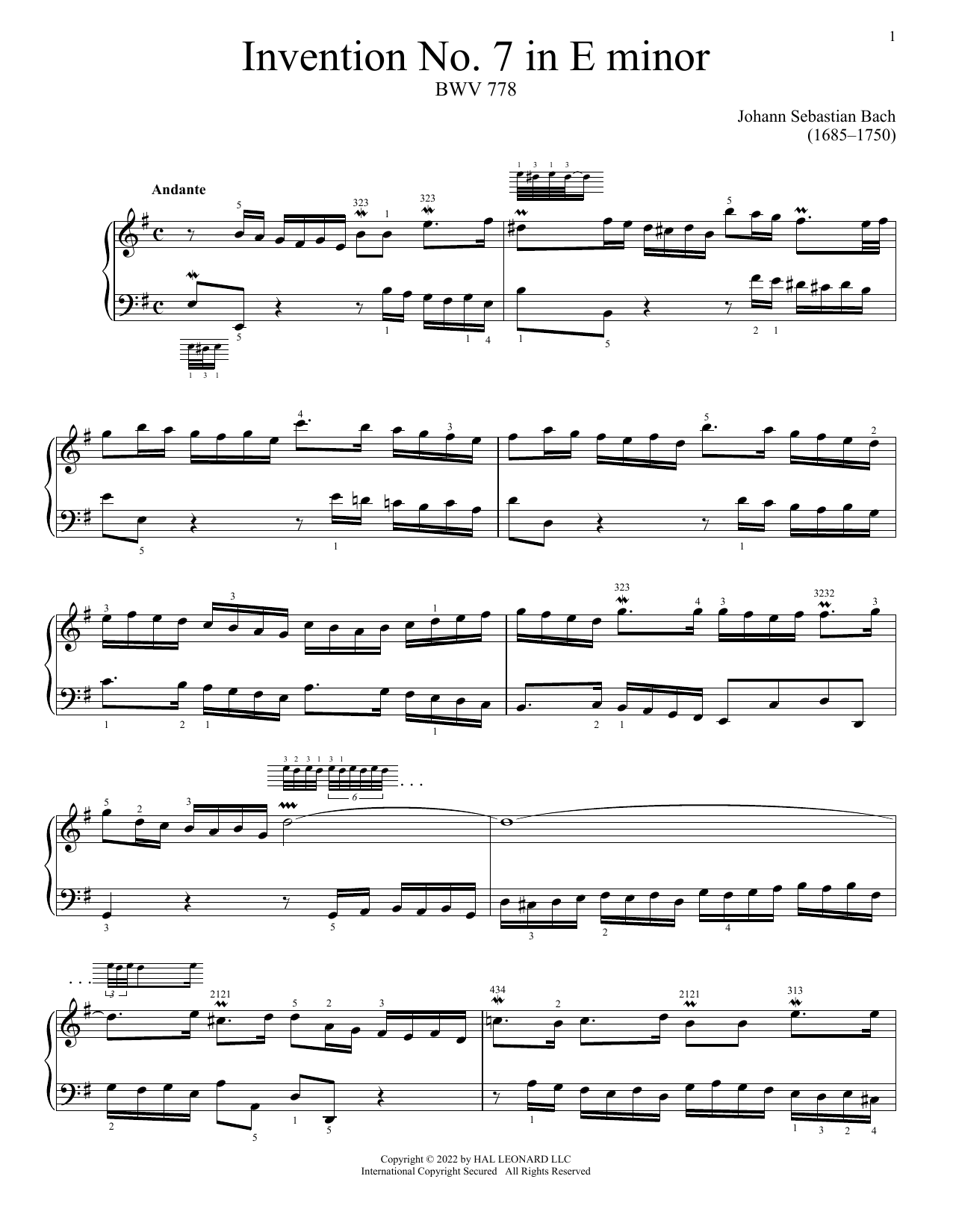 Johann Sebastian Bach Invention No. 7 In E Minor, BWV 778 sheet music, chords, lyrics - Printable PDF for Piano Solo