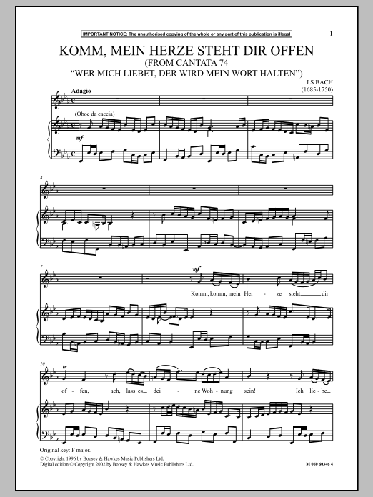 J.S. Bach Komm, Mein Herze Steht Dir Offen (from Cantata 74 Wer Mich Liebet, Der Wird Mein Wort Halten) sheet music, chords, lyrics - Printable PDF for Piano & Vocal