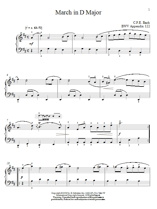 C.P.E. Bach March In D Major, BWV App. 122 sheet music, chords, lyrics - Printable PDF for Piano