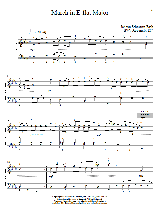 J.S. Bach March In E Flat Major, BWV App. 124 sheet music, chords, lyrics - Printable PDF for Piano