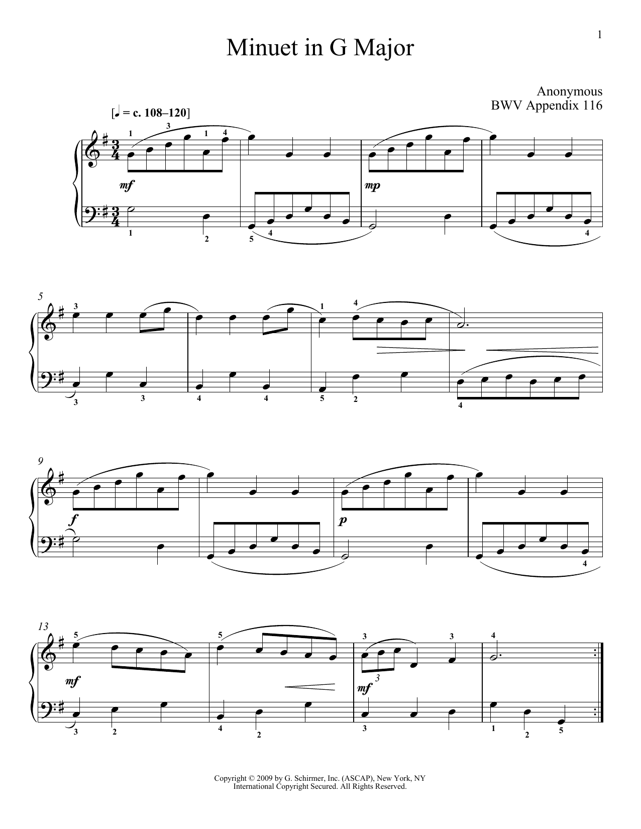 Johann Sebastian Bach Menuet In G Major, BWV App. 116 sheet music, chords, lyrics - Printable PDF for Piano