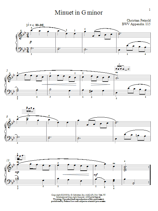 J.S. Bach Menuet In G Minor, BWV App. 115 sheet music, chords, lyrics - Printable PDF for Piano