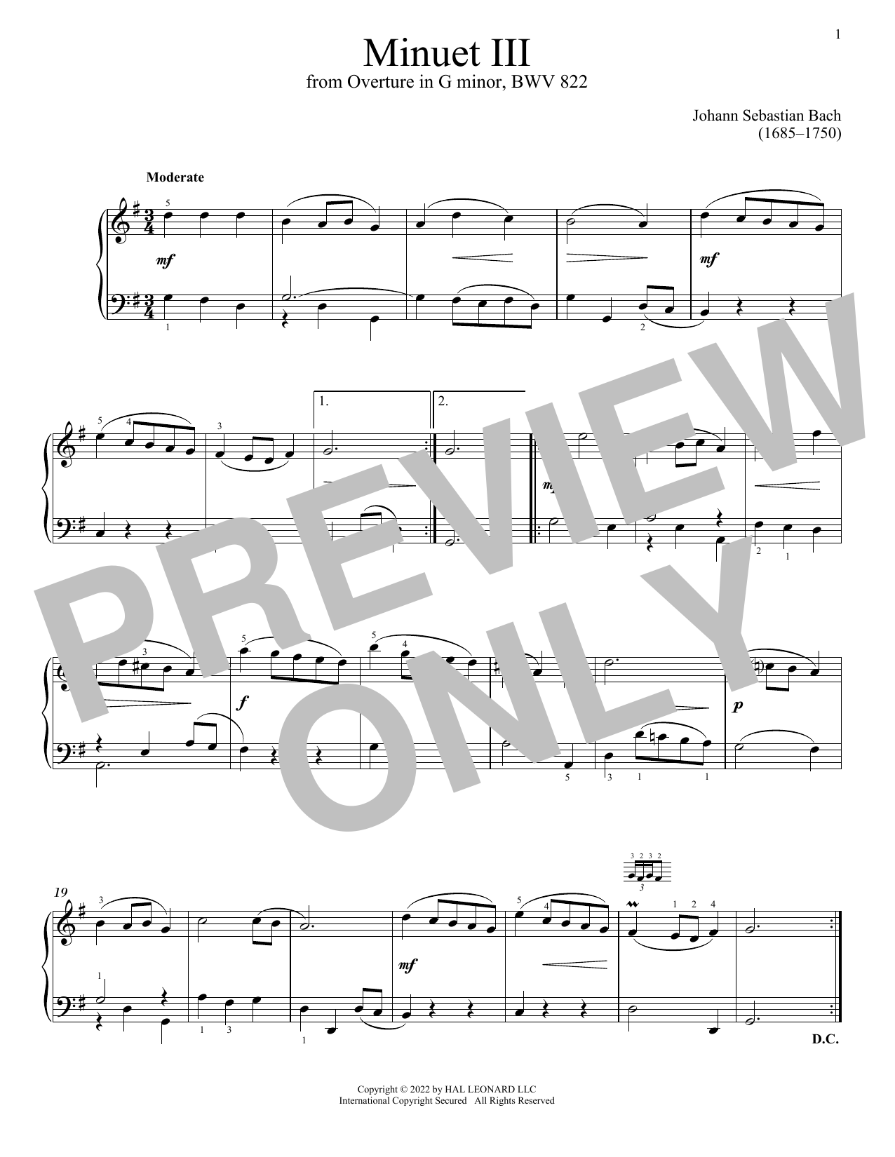 Johann Sebastian Bach Minuet III In G Minor, BWV 822 sheet music, chords, lyrics - Printable PDF for Piano Solo