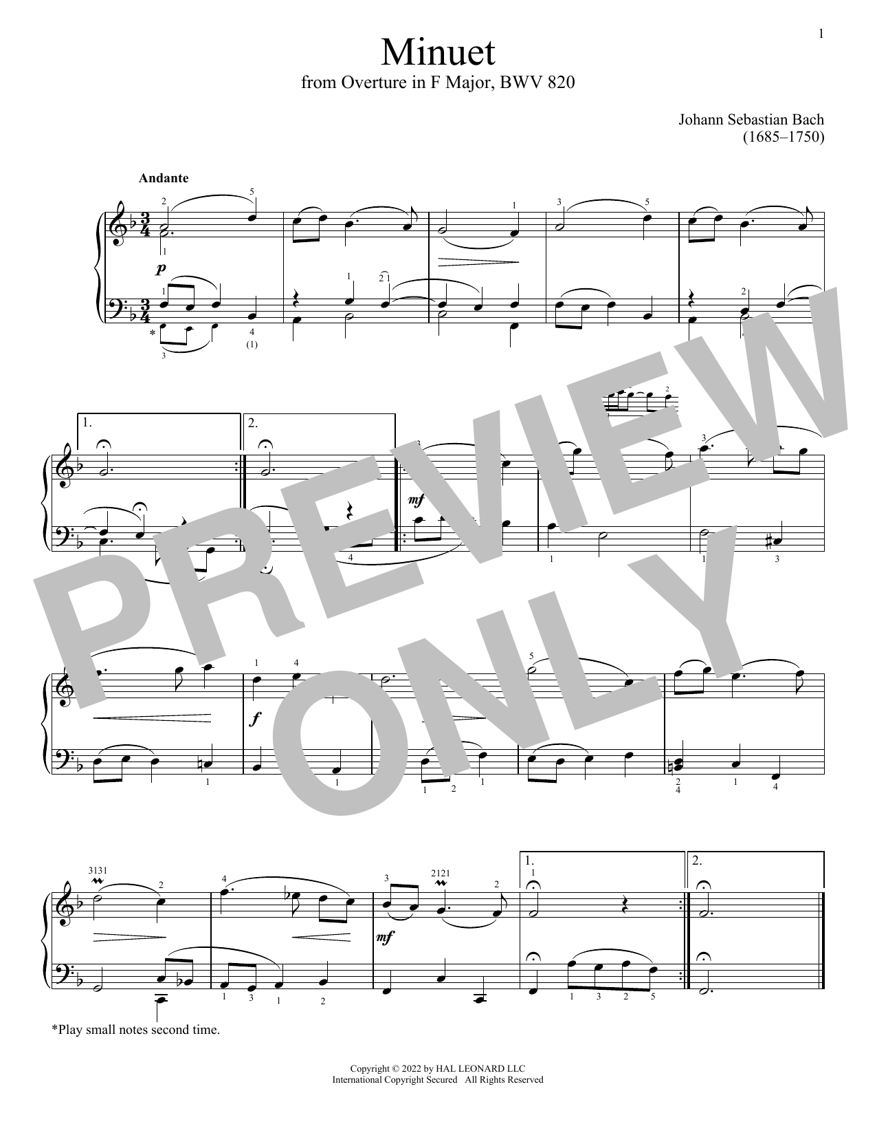 Johann Sebastian Bach Minuet In F Major, BWV 820 sheet music, chords, lyrics - Printable PDF for Piano Solo