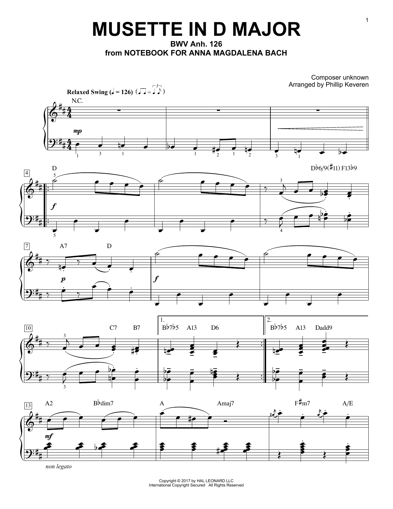 Phillip Keveren Musette In D Major, BWV Anh. 126 sheet music, chords, lyrics - Printable PDF for Piano