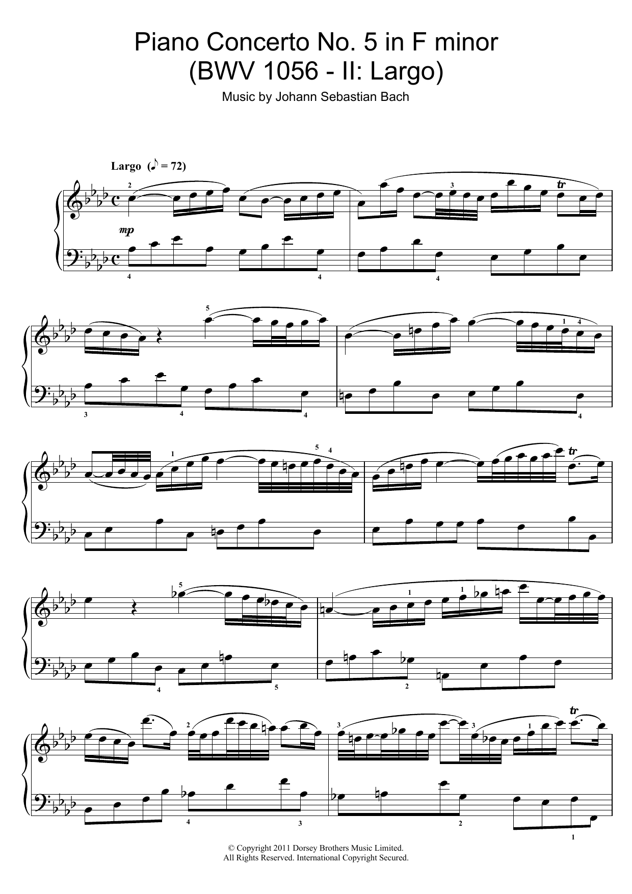 J.S. Bach Piano Concerto No. 5 in F minor (BWV 1056 - II: Largo) sheet music, chords, lyrics - Printable PDF for Piano