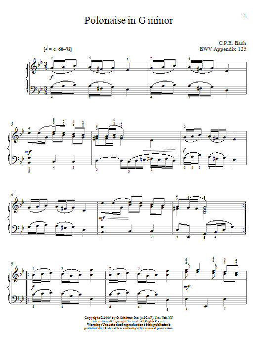 J.S. Bach Polonaise In G Minor, BWV App. 125 sheet music, chords, lyrics - Printable PDF for Piano